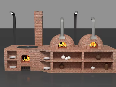 Traditional Brick Oven Setup with Two Dome Shaped Ovens Chimneys Shelves Clay Pots and Plates 3d model
