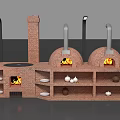 Traditional Brick Oven Setup with Two Dome Shaped Ovens Chimneys Shelves Clay Pots and Plates