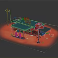 Cartoon Gas Station With Red Building Blue Roof Gas Pumps Street Lamp And Tires