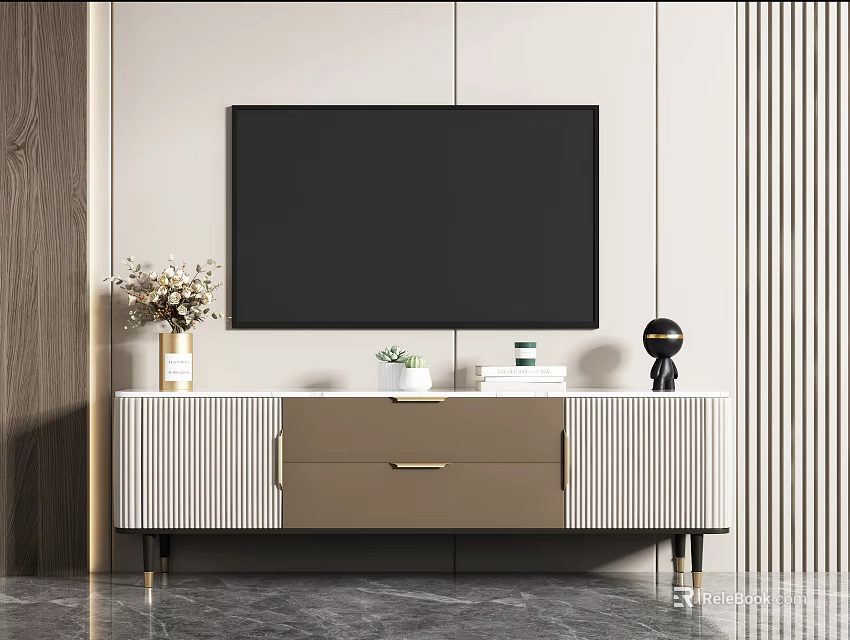 Modern TV Stand with White and Brown Design Featuring Vase Books Plant and Table Lamp 3d model 