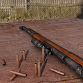 Vintage Rifle With Wooden Stock Scattered Bullets On Rustic Wood Surface