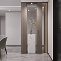 Modern Living Dining Room With Grey Sofa Round Rug TV Wall Plants And Wooden Shelves