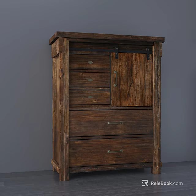 Rustic Wooden Entryway Cabinet Sideboard With Drawers And Sliding Door Storage Furniture 3d model 