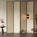 Oriental Room Divider with Chinese Landscape Painting and Hanging Lantern Side Table