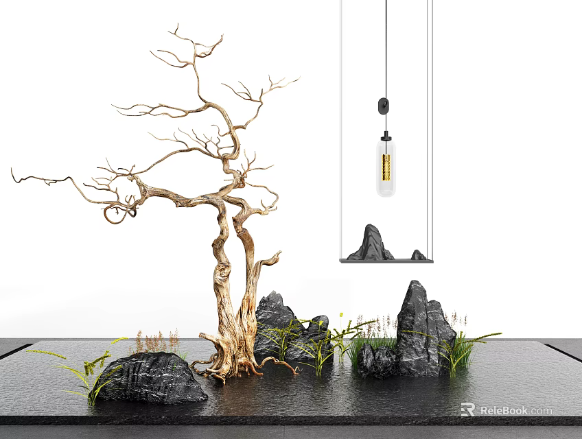 Garden Ornament Featuring Withered Tree Rock Formations Grass And Hanging Lamp 3d model