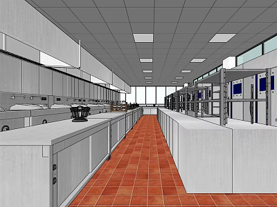 Commercial Kitchen With Stainless Steel Countertops Red Tile Flooring And Equipment 3d model
