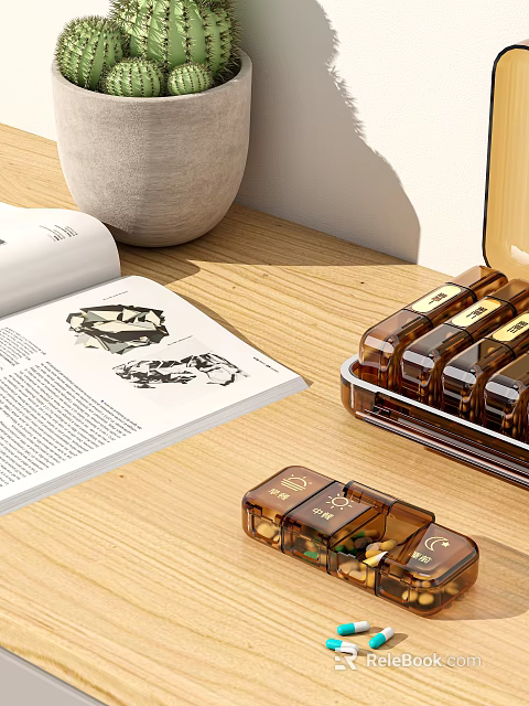 Stylish Decorative Ornament Set with Open Book Ceramic Vase and Transparent Storage Case on Wooden Table 3d model 