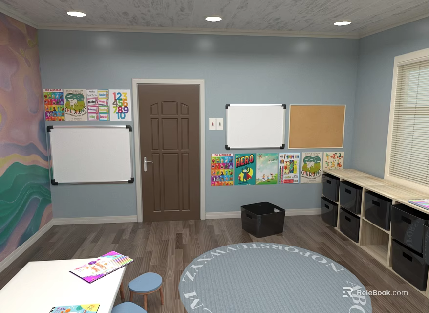 School Classroom Interior With Whiteboards Bulletin Boards Student Artwork And Colorful Rug 3d model 