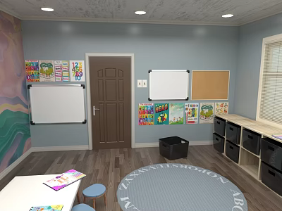School Classroom Interior With Whiteboards Bulletin Boards Student Artwork And Colorful Rug 3d model