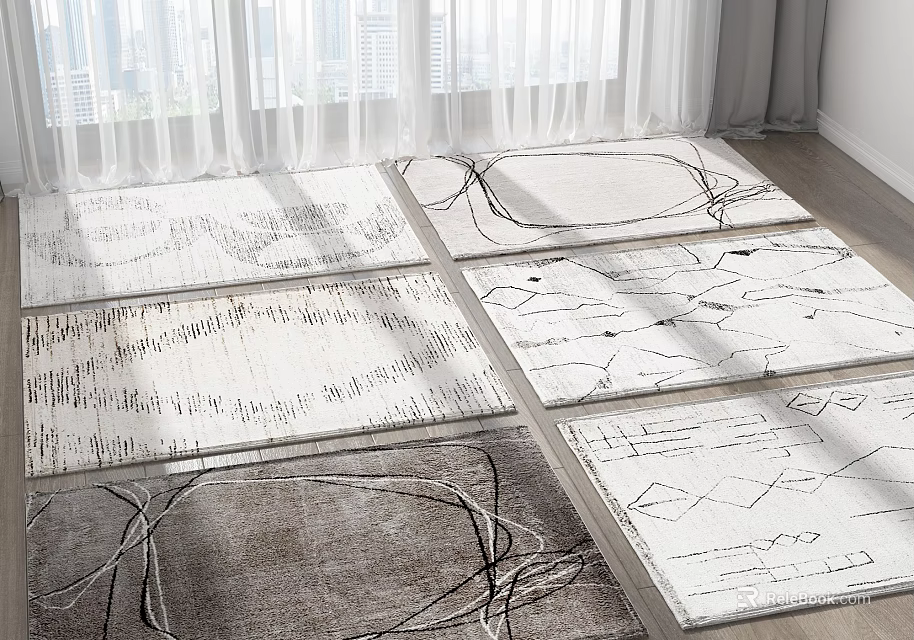 Modern Square Rugs With Abstract Lines And Geometric Patterns In White Grey Tones 3d model