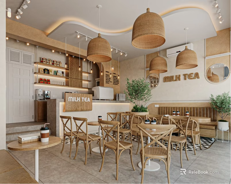 Cozy Café Interior With Wicker Pendant Lights Wooden Tables Milk Tea Sign And Green Plants 3d model 