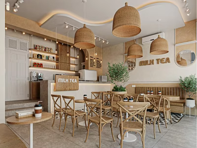 Cozy Café Interior With Wicker Pendant Lights Wooden Tables Milk Tea Sign And Green Plants 3d model