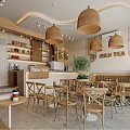 Cozy Café Interior With Wicker Pendant Lights Wooden Tables Milk Tea Sign And Green Plants