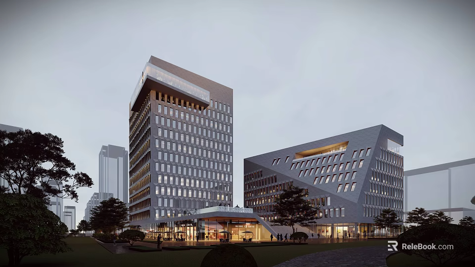 Modern Office Building Exterior Design With Glass Curtain Wall Geometric Shape And Landscaped Garden Plaza 3d model 