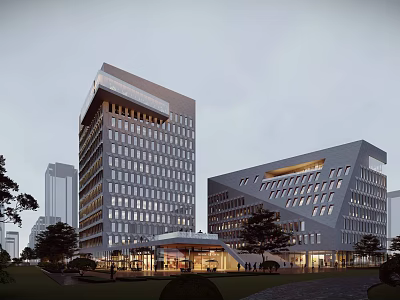 Modern Office Building Exterior Design With Glass Curtain Wall Geometric Shape And Landscaped Garden Plaza 3d model