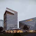 Modern Office Building Exterior Design With Glass Curtain Wall Geometric Shape And Landscaped Garden Plaza