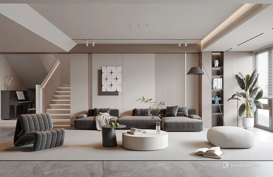 Modern Living Room Interior with Gray Sofa Armchair Round Coffee Table Decorative Painting and Staircase 3d model 