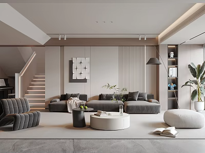 Modern Living Room Interior with Gray Sofa Armchair Round Coffee Table Decorative Painting and Staircase 3d model