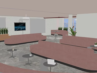 Modern Break Room With Pink Sofas Small Round Tables TV And Green Plants 3d model