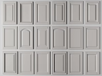 Various Kitchen Cabinet Door Panel Designs With Different Decorative Patterns In Light Gray 3d model