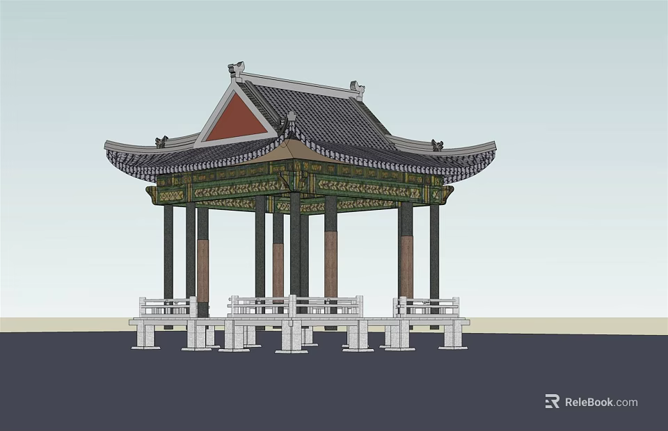 Traditional Chinese Pavilion Featuring Curved Eaves Decorative Roof And White Railings 3d model 