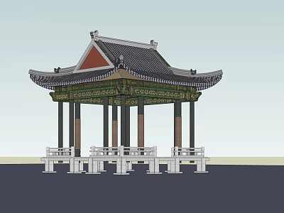Traditional Chinese Pavilion Featuring Curved Eaves Decorative Roof And White Railings 3d model