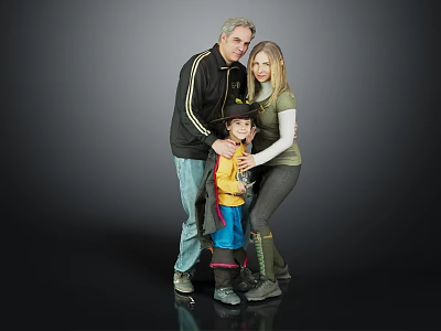 Happy Family Posing Together With Child In Pirate Costume On Gray Background 3d model