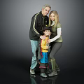 Happy Family Posing Together With Child In Pirate Costume On Gray Background