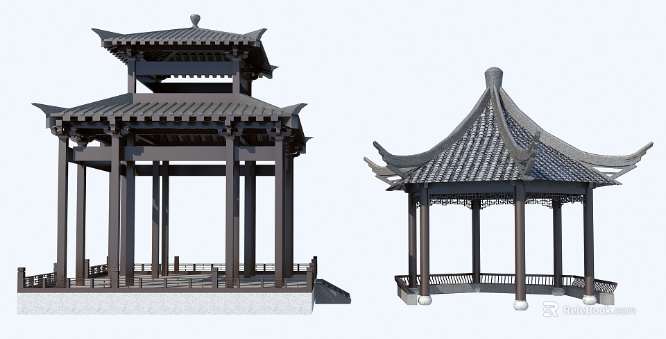 Traditional Chinese Pavilion With Classic Roof Overhanging Eaves Columns And Stone Base 3d model 