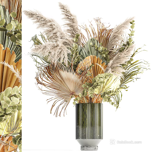 Elegant Floral Arrangement With Pampas Grass Dried Palm Leaves And Greenery In Striped Tall Vase 3d model 