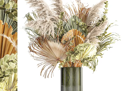 Elegant Floral Arrangement With Pampas Grass Dried Palm Leaves And Greenery In Striped Tall Vase 3d model