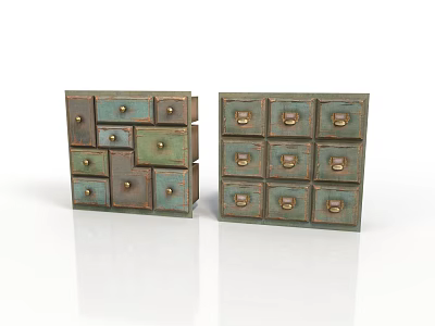 Two Vintage Distressed Green and Brown Wooden Drawer Chests with Metal Handles 3d model