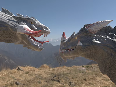 Two Game and Movie Dragon Characters Facing Each Other Over Mountain and Blue Sky 3d model