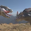 Two Game and Movie Dragon Characters Facing Each Other Over Mountain and Blue Sky