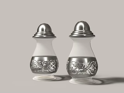 Elegant Silver And Transparent Salt Pepper Shakers With Intricate Floral Patterns 3d model