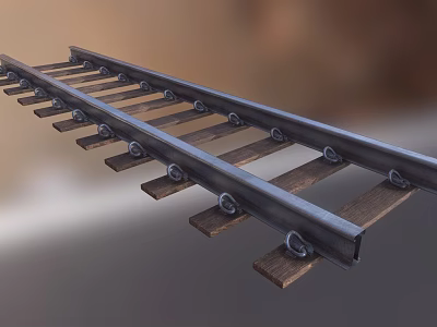 Strong Train Railway Track With Wooden Sleepers And Metal Rails 3d model