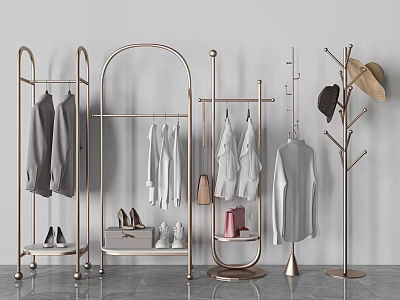 Stylish Clothes Racks In Various Designs With Hanging Clothes Shoes And Hats 3d model