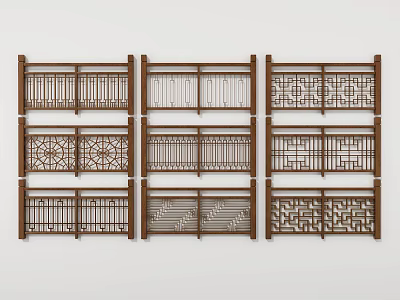 Chinese Guardrail Solid Wood Carved Railing Fence Guardrail Handrail 3d model