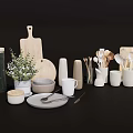 Modern Dinnerware Set With Ceramic Mugs Plates Spoons And Wooden Cutting Boards