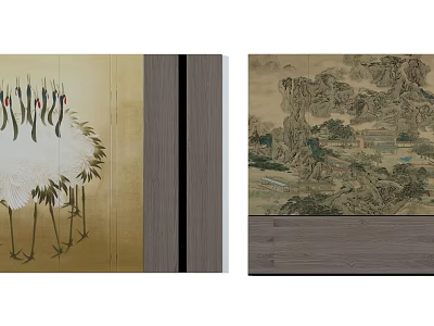 Chinese Style Wall With Crane Pattern And Mountain Landscape Wooden Panel 3d model