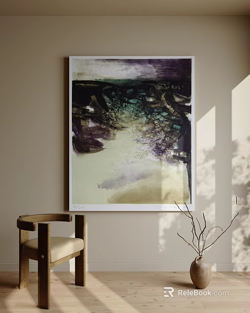 Modern Abstract Painting On Wall With Purple Green Beige Tones Wooden Chair And Light Shadow 3d model 