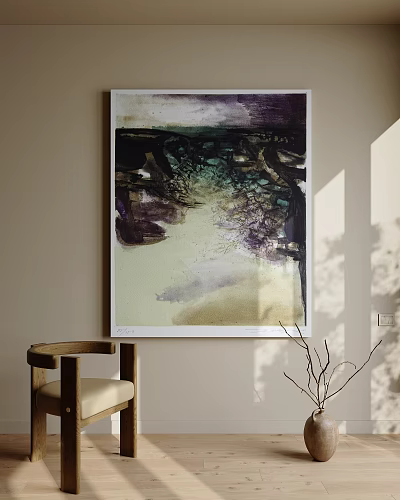 Modern Abstract Painting On Wall With Purple Green Beige Tones Wooden Chair And Light Shadow 3d model
