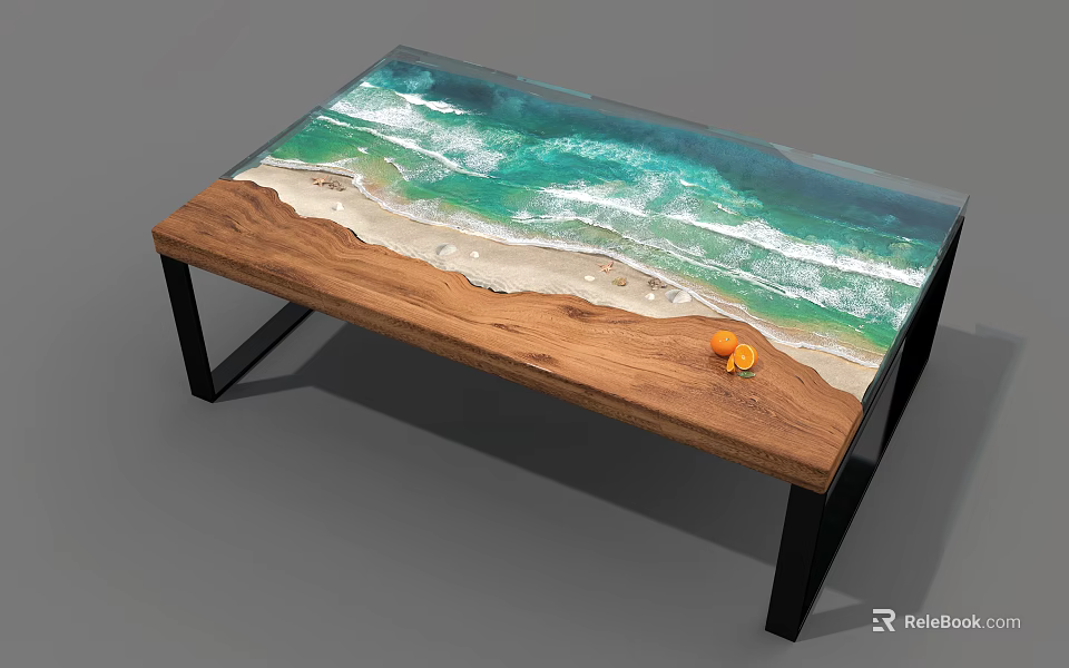 Unique Coffee Table With Beach Inspired Tabletop Design Waves And Orange Elements 3d model 