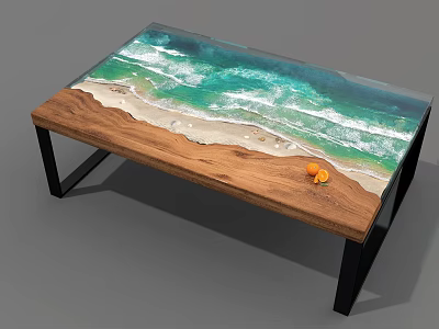 Unique Coffee Table With Beach Inspired Tabletop Design Waves And Orange Elements 3d model