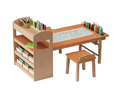 Children's Wooden Desk With Storage Shelf Stool And Art Supplies 3d model
