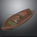 Wooden Rowboat Featuring Red Lifebuoy Paddle And Storage Items On Water