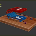 Stone And Wood Structure With Red Blue Components On Wooden Plank Base