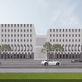 Modern Industrial Plant Exterior Design With Two Buildings Large Windows Trees Along Road And Cars