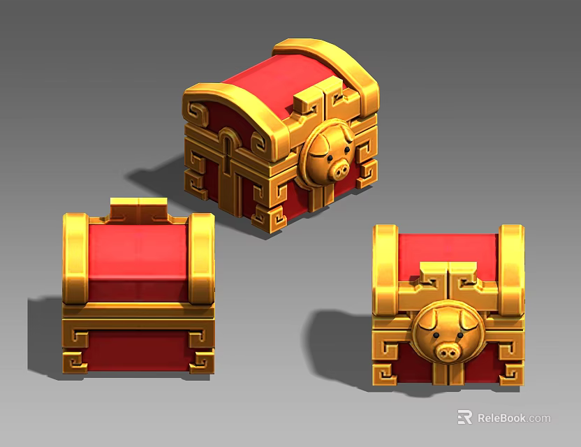 Decorative Red And Gold Treasure Chests With Ornate Gold Borders And Locks 3d model 