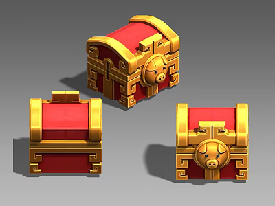 Decorative Red And Gold Treasure Chests With Ornate Gold Borders And Locks 3d model